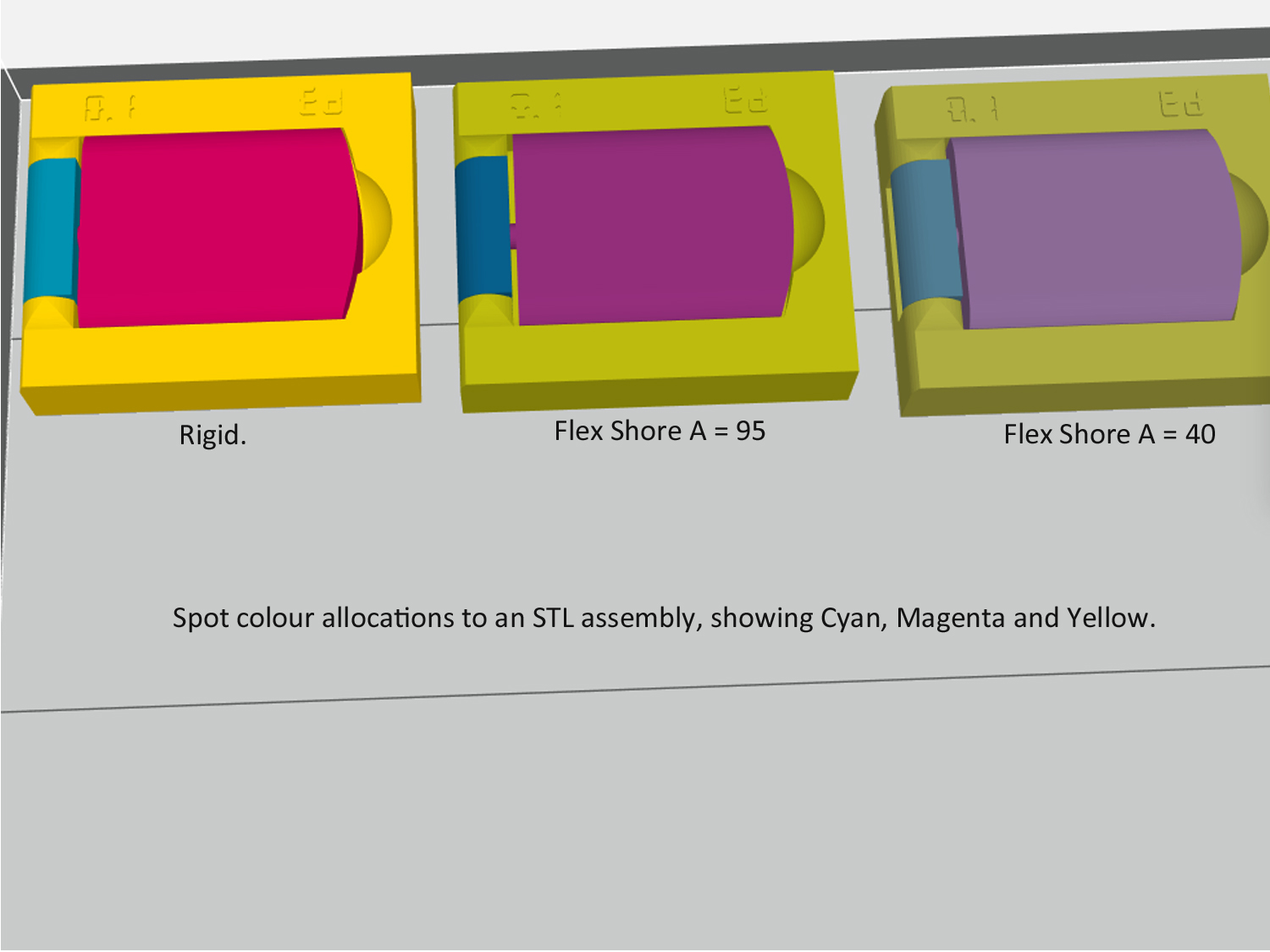 Colour variations for rigid v flexible 3d printed parts.
